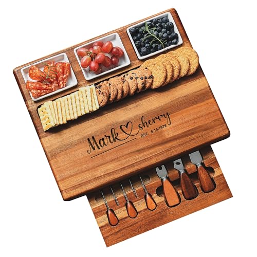 Large Acacia Wood Charcuterie Board Set with 3 Removable Ceramic Bowls & Serving Utensils