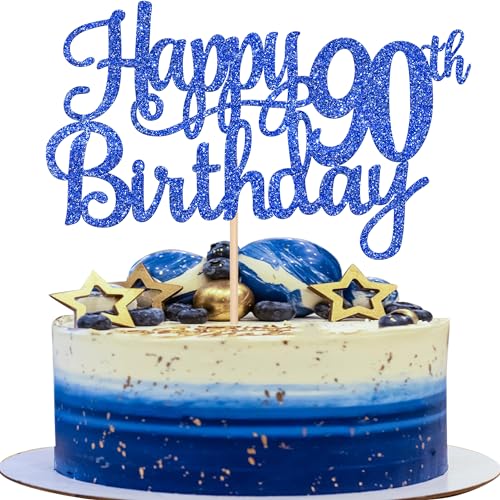 1 PCS Happy 90th Birthday Cake Topper Glitter Cheers to 90 Years Birthday Cake Pick Ninety 90 Fabulous Cake Decoration for Happy 90th Birthday Theme Party Decorations Supplies Blue