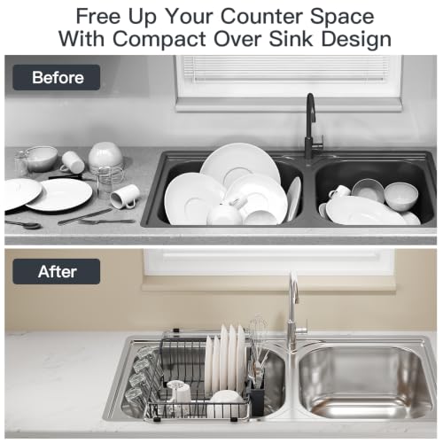 Grey Expandable Dish Drying Rack Over Sink with Extra Drying Mat