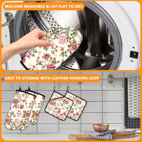 Red Rose Oven Mitts and Pot Holders Sets 4Pcs