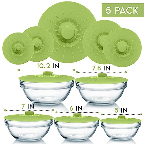 Silicone Bowl Lids Green Set of 5 Reusable Suction Seal Covers for Bowls (5 Count)
