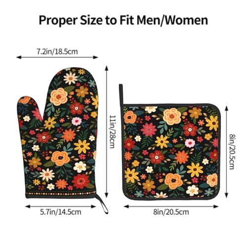 Boho Floral Oven Mitts and Pot Holder Set of 2 Colorful Flower Heat Resistant Hot Pads Non Slip Washable for Kitchen Cooking Grilling BBQ