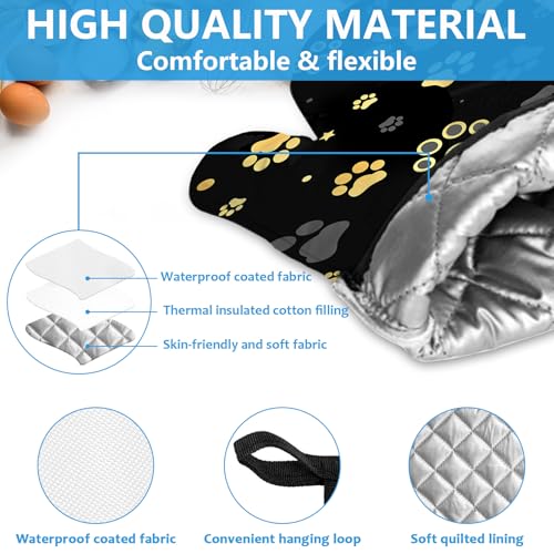 Gold Dog Paw Print Oven Mitts and Pot Holders Sets Heat Resistant 4Pcs Potholders Oven Gloves Hot Pads for Kitchen Baking Cooking Grilling BBQ (4 Count)
