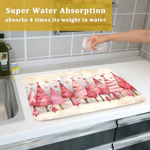 Pink Trees Dish Drying Pad Christmas Snowflake Decorative Drying Mats for Coffee Bar Kitchen Counter 18 X 24 Inch
