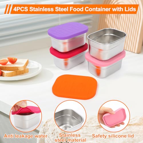 4 Pack Stainless Steel Kids Snack Containers with Lids (4 Count)