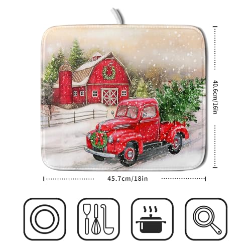 Red Truck Dish Drying Mat Xmas Tree Dish Drainer Rack Mat Winter Microfiber Absorbent Drying Pad for Home Kitchen Counter Decor 16x18 Inch