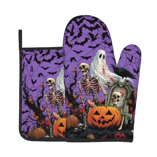 Halloween Pumpkin Oven Mitts and Pot Holder Set of 2 Spooky Ghost Bat Heat Resistant Kitchen Gloves Hot Pad for Baking Cooking Grilling BBQ