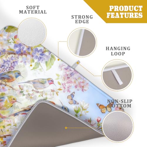 Floral Birds Dish Drying Mat Spring Decoration Absorbent Dish Drain Cloth Mat 18 X 24 for Kitchen Coffee Bar