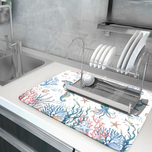 Coastal Ocean Dish Drying Mat Seahorse Whales Drainer Rack Mats 18"x24" Absorbent Microfiber Dish Drying Pad Protector for Kitchen Counter