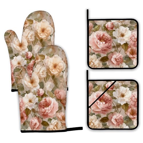 Pink Roses Oven Mitts and Pot Holders Set (4 Count)