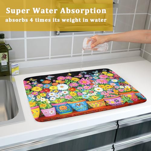 Vintage Flowers Dish Drying Mats Spring Floral Drying Matt Kitchen Counter 18x24