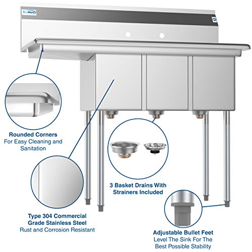 SC101410 12L3 3 Compartment Stainless Steel NSF Commercial Kitchen Sink with 1 Drainboard