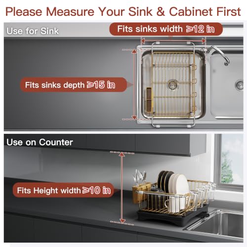 Gold Dish Drying Rack in Sink with Drainboard and Utensil Holder