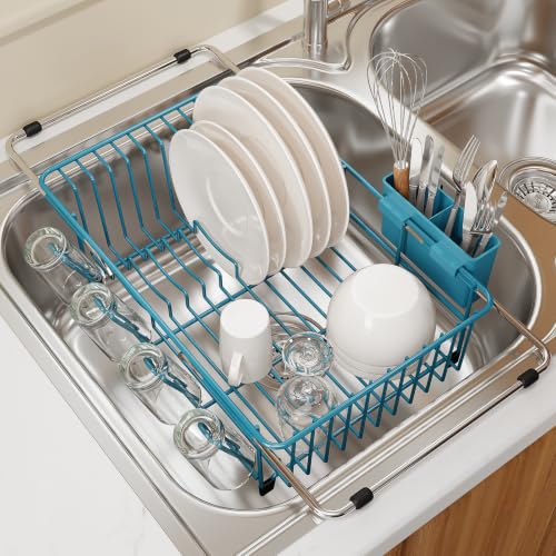 Blue Expandable Dish Drying Rack Over Sink with Anti