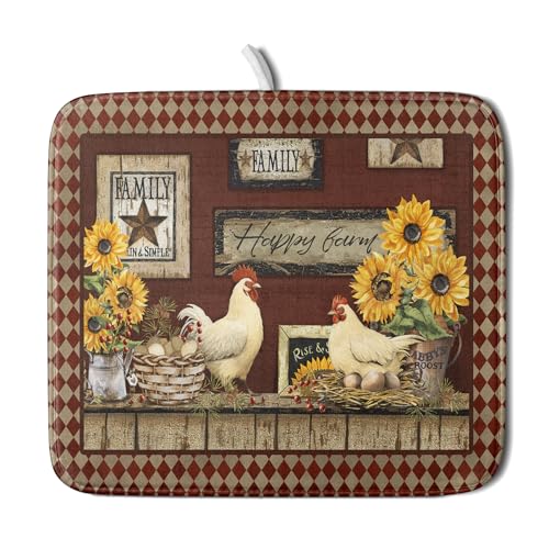 Vintage Rooster Dish Drying Mat 16x18 Inch Farmhouse Chicken Dish Drainer Pad Microfiber Absorbent Fast Dry Kitchen Counter Accessories