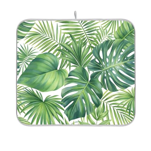 Green Monstera Palm Leaves Dish Drying Mat for Kitchen Counter Absorbent Microfiber Drying Pad
