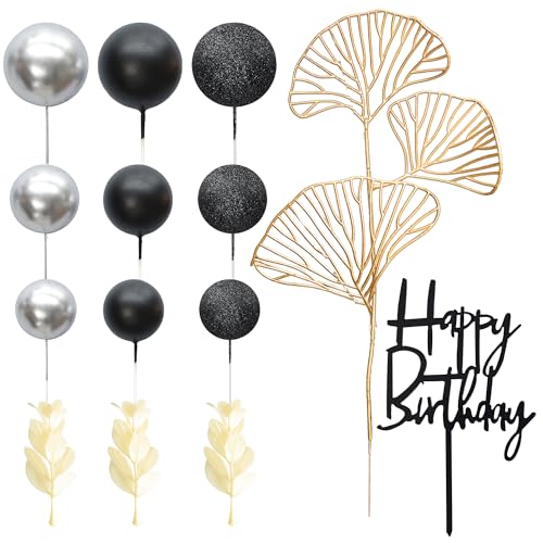 57Pcs Balls Cake Topper Boho Grass Cake topper Pearl Balls Acrylic Happy Birthday Cake Decorations for Wedding Baby Shower Birthday Boho Themed Party Supplies Black Silver (57 Count)