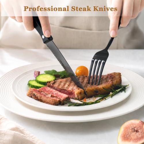 24 Piece Black Silverware Set with Steak Knives Flatware Set for 4 Food (24 Count)