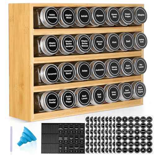 Bamboo Spice Rack Organizer With 28 Glass Spice Jars 4 oz (28 Count)