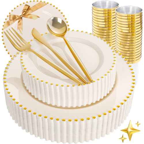 180Pcs Elegant Ivory Gold Plastic Dinnerware Set for Wedding (180 Count)