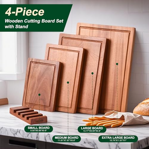 Wooden Cutting Board Set of 4 with Holder Solid Wood Chopping Boards for Kitchen with Juice Grooves Thick Large Cutting Board