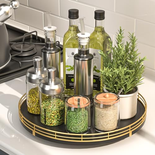 12 Inch Oak Lazy Susan Spice Organizer with Gold Metal Rail