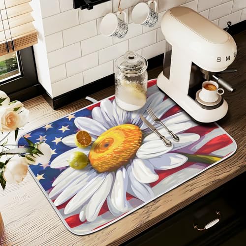 Daisy Flowers and American Flag Dish Drying Mat for Kitchen Counter Absorbent Microfiber Large Drying Pad Dish Mats for Kitchen Countertops 18 x 24 Inch