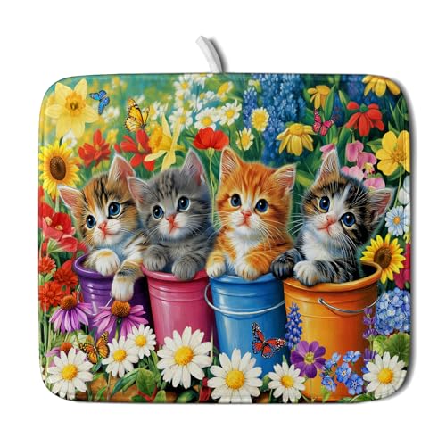 Funny Absorbent Dish Drying Mat Spring Cat Dish Drying Mats for Kitchen Counter Small