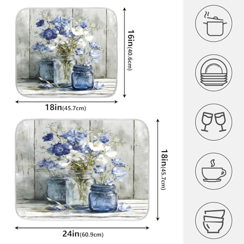 Vintage Blue White Flower Jars3 Dish Drying Mat for Kitchen Counter Absorbent Microfiber Large Drying Pad Dish mats for Kitchen Countertops 18 x 24 Inch