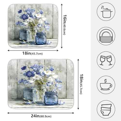 Vintage Blue White Flower Jars3 Dish Drying Mat for Kitchen Counter Absorbent Microfiber Small Drying Pad Dish mats for Kitchen Countertops 16 x 18 Inch