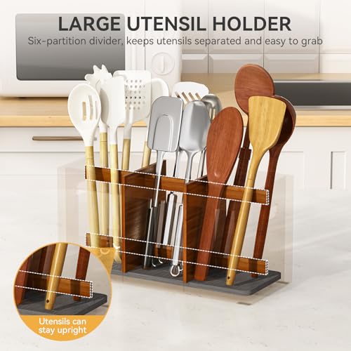 Bamboo Kitchen Utensil Holder with Drying Stone and 6 Compartments