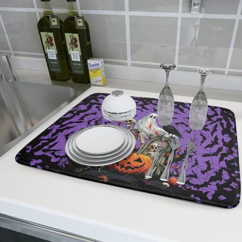Halloween Pumpkin Dish Drying Mat 18x24 inch Spooky Ghost Bat Dish Rack Mats Microfiber Draining Pad Fast Dry Holiday Kitchen Accessories
