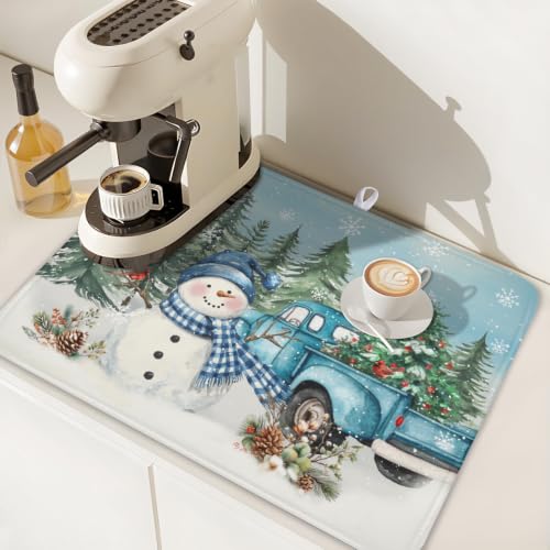 Winter Snowman Blue Dish Drying Mat Xmas Truck Dishes Pad 18"x24" Microfiber Absorbent Drainer Rack Mats Protector for Kitchen Counter Sink