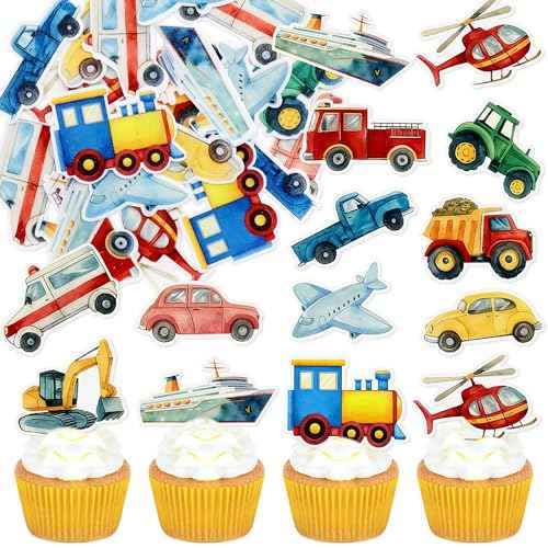 48Pcs Edible Transportation Cupcake Toppers Edible Cute Airplane Train Vehicle Boat Tractor Cupcake Picks for Transportation Theme Baby Shower Kids Birthday Party Decorations (48 Count)