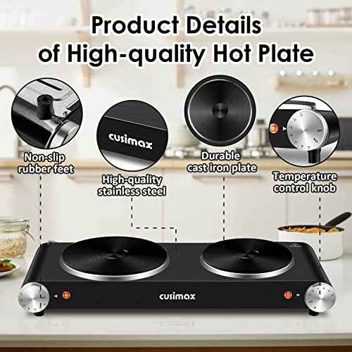 Hot Plate for Cooking 1800W Portable Electric Double Burner Countertop Cooktop Cast Iron Stove Heating Plate with 7 Power Levels Adjustable Temp Control