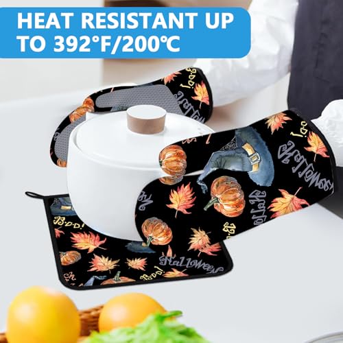 Halloween Pumpkin Autumn Maple Leave Oven Mitts and Pot Holders Sets Heat Resistant 4Pcs Potholders Oven Gloves Hot Pads for Kitchen Baking Cooking Grilling BBQ (4 Count)
