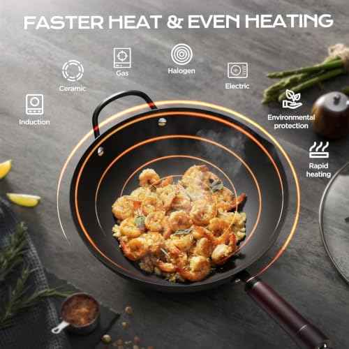Wok 13 Inch carbon steel wok pan with steamer & stir