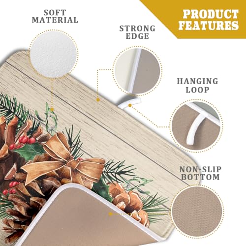 Winter Pine Cone Dish Drying Mat Holly Berries Dish Draining Mat Microfiber Washable Dish Drainer Rack Mat for Home Kitchen Counter 16"x18"