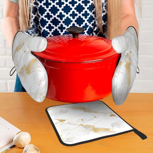 White Gold Marble Oven Mitts and Pot Holders Sets of 3 Heat Resistant Oven Gloves Hot Pads Non (4.33 Count)