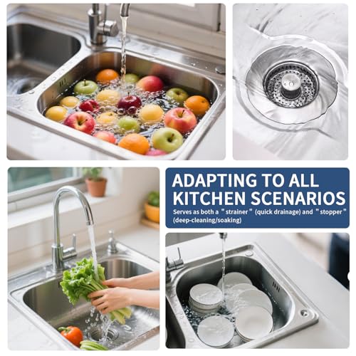 3-in-1 Kitchen Sink Drain Strainer and All-Purpose Scrub Sponges, Sink Stopper Pop-Up Drain Plug with Anti-Clogging Food Catcher Basket, Fits US Standard 3-1/2 Inch Sinks,Sponge Cleaning Dish