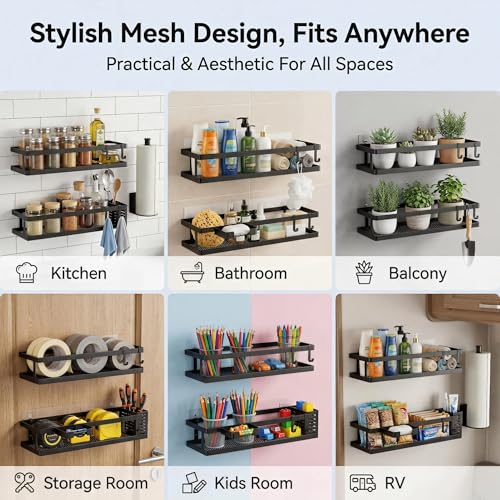 5-in-1 16.5" Extra Long Kitchen Organizer & Shower Caddy Set, Wall Mount Spice Rack with Paper Towel Holder, Utensil Holder & Soap Dish, Rustproof Mesh - Matte Black, Guardrail