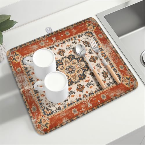 Ethnic Boho Dish Drying Mat Rust Coral Floral Decorative Dishes Pad 16x18 Inch Absorbent Fast Dry Drainer Rack Mats for Kitchen Countertop