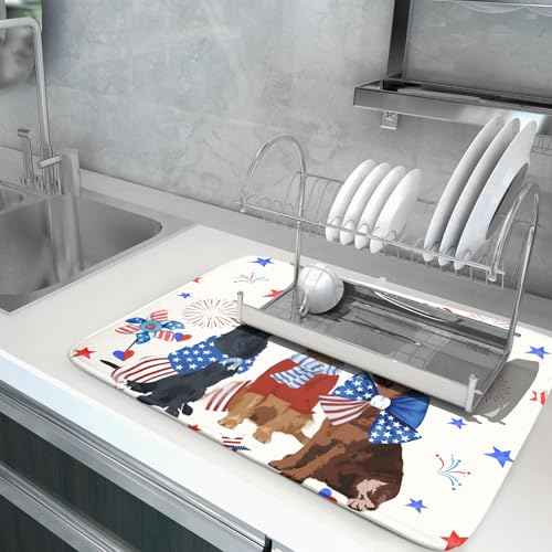 4th of July Patriotic Dogs Dish Drying Mat American Independence Day Dish Dry Pad 18"x24" Absorbent Dishes Drainer Mat for Kitchen Counter