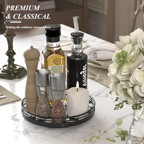 9 Inch Black and White Checkerboard Lazy Susan with Oak Base