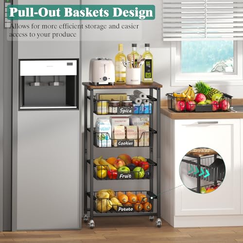 5 Tier Vegetable Fruit Basket Kitchen Storage Rolling Cart on Wheels with Pull