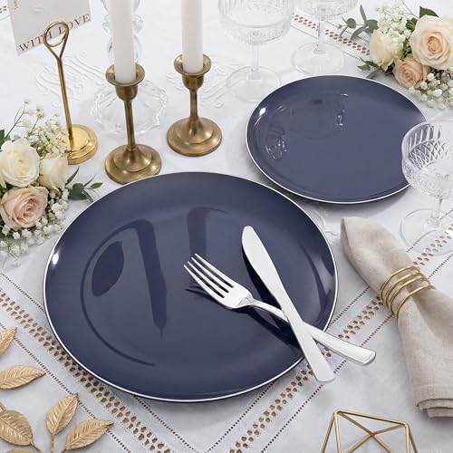 200PCS Blue Plastic Plates with Silver Rim (200 Count)