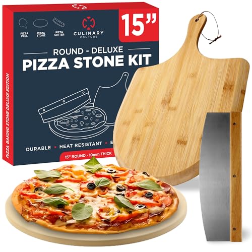15" Round Pizza Stone for Oven Set 3PCs with Pizza Peel for Oven and Cutter (3 Count)