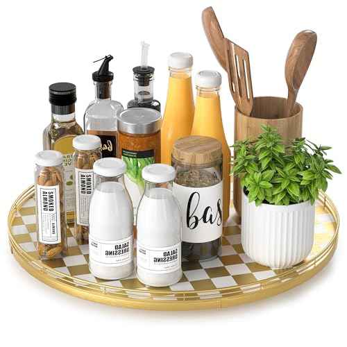 16 Inch Gold and White Checkerboard Lazy Susan with Rubberwood Base