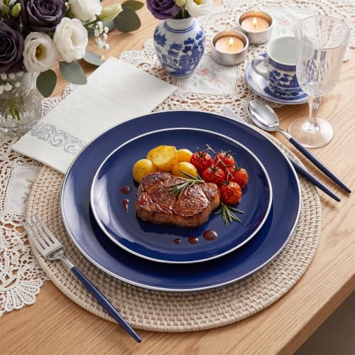 175Pcs Blue Plastic Plates with Silver Rim & Disposable Silverware with Blue Handle & Silver