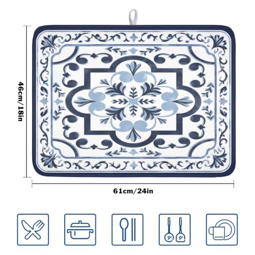 Navy Flower Dish Drying Mat Modern Boho Microfiber Dishes Drainer Pad 18x24 Inch Absorbent Fast Dry Dish Rack Mat for Kitchen Counter Sink